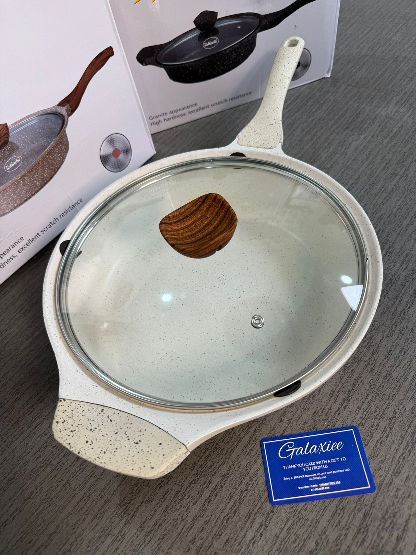 German Lot Bakhshie 28cm Deep Fry Pan with Glass Lid & Wooden Handles | Granite Non-Stick Cookware