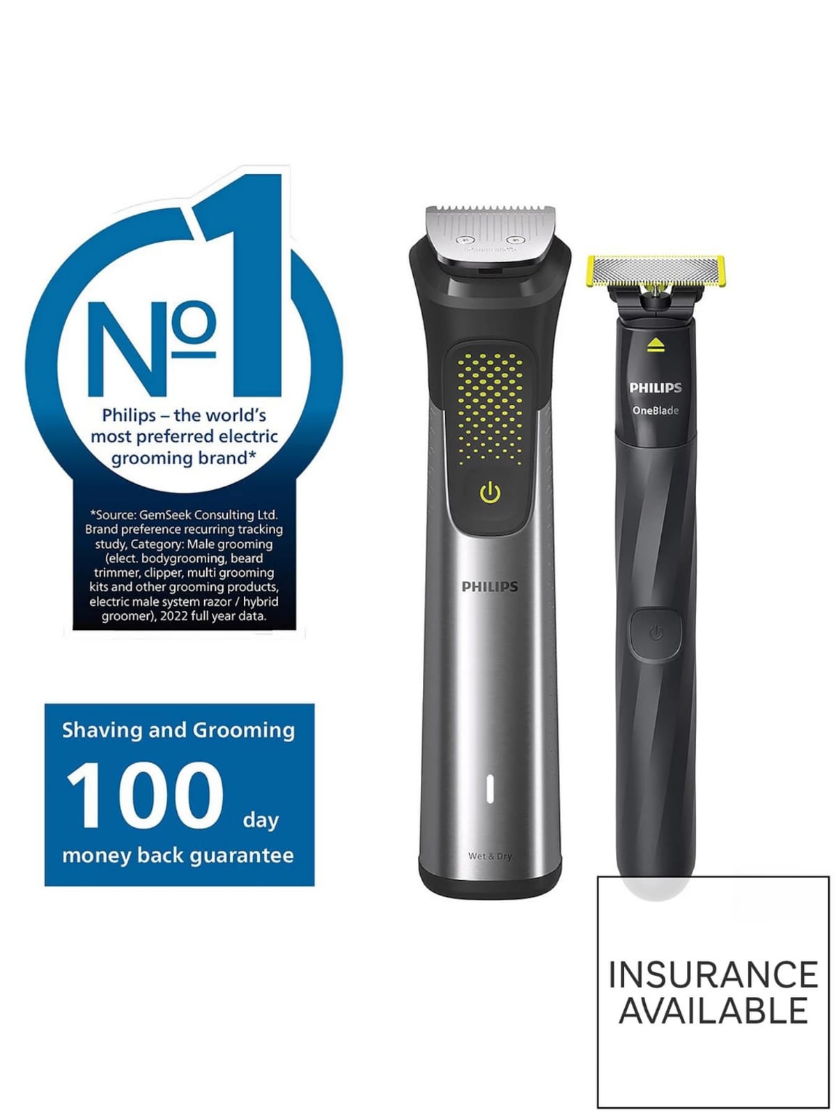 Philips 9000 Series 20-in-1 All-Over Stainless Steel Grooming Set – OneBlade, BeardSense & 120-Min Runtime