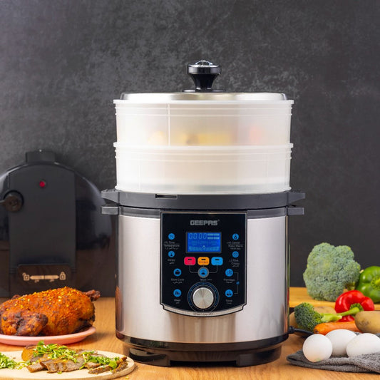 Geepas Multi Functional Pressure Cooker with Steamer & Egg Boiler GMC35037