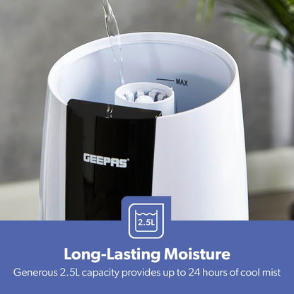 Geepas Ultrasonic Humidifier – 2.6L Cool Mist Air Purifier | 360° Nozzle & Touch Control