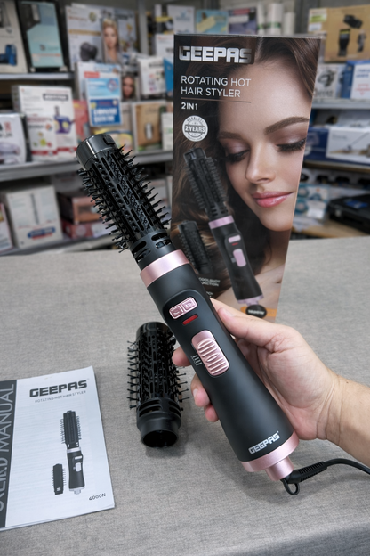 Geepas 1000W 2-in-1 Rotating Hot Air Styler GHR8600N – Blowout Brush & Hair Curler with Cool Shot