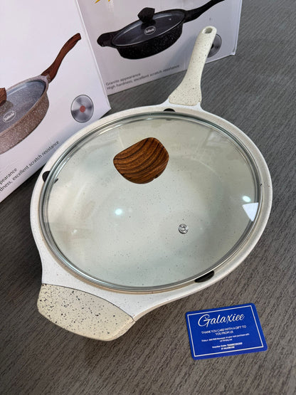 German Lot Bakhshie 28cm Deep Fry Pan with Glass Lid & Wooden Handles | Granite Non-Stick Cookware