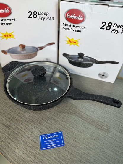 German Lot Bakhshie 28cm Deep Fry Pan with Glass Lid & Wooden Handles | Granite Non-Stick Cookware
