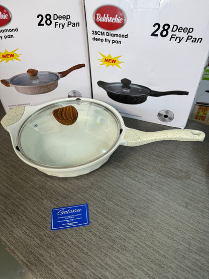 German Lot Bakhshie 28cm Deep Fry Pan with Glass Lid & Wooden Handles | Granite Non-Stick Cookware