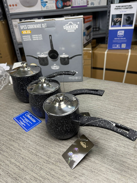 Uakeen 6-Piece Granite Cookware Set – Premium Aluminum Coffee & Milk Pots with Glass Lids