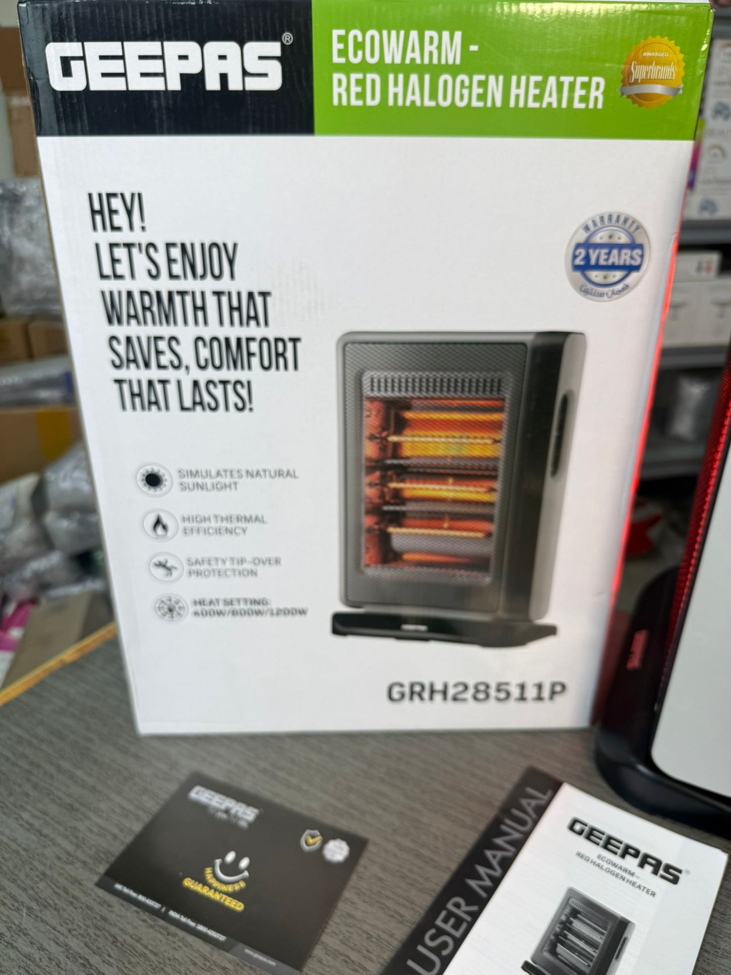 Geepas Ecowarm Red Halogen Heater – Model GRH28511P (1200W)