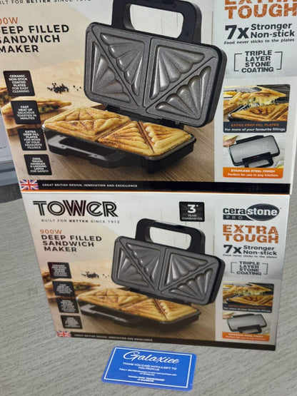 Tower Deep Filled Sandwich Maker 900W | Cerastone Pro Non-Stick | Extra-Deep Plates
