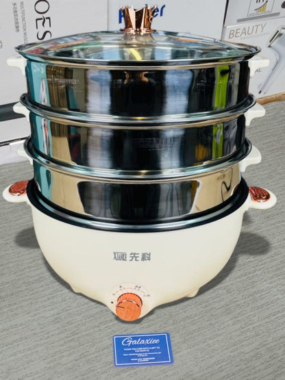 XIANKE 32cm Multi-Functional Electric Cooking Pot – 3-Tier Food Steamer with Crown Lid & Adjustable Heat