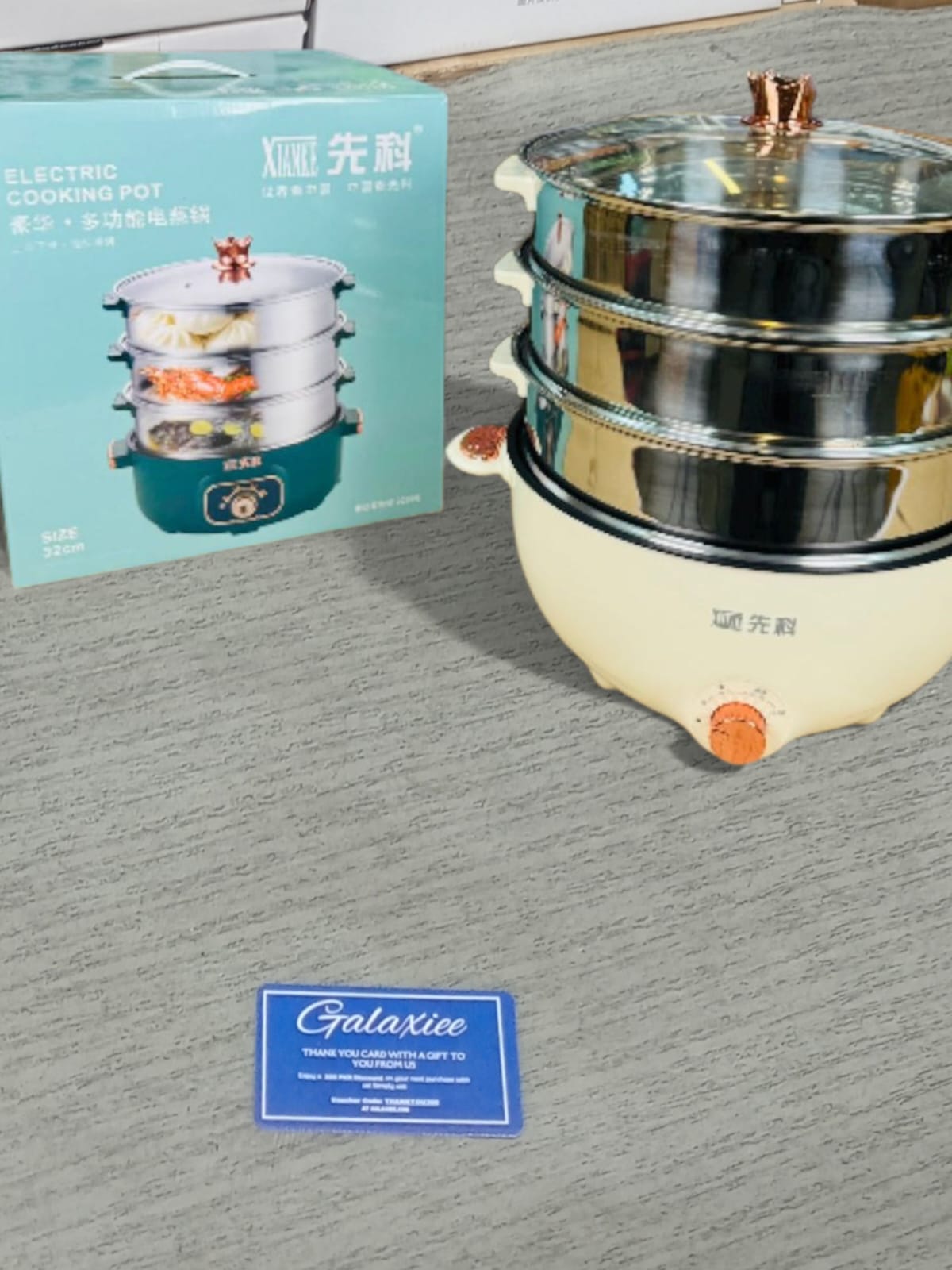 XIANKE 32cm Multi-Functional Electric Cooking Pot – 3-Tier Food Steamer with Crown Lid & Adjustable Heat