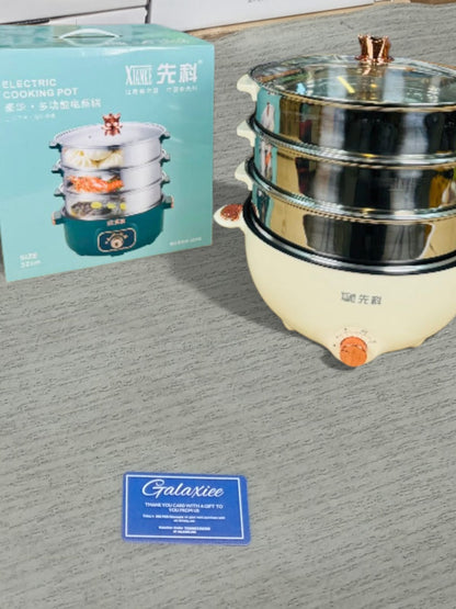 XIANKE 32cm Multi-Functional Electric Cooking Pot – 3-Tier Food Steamer with Crown Lid & Adjustable Heat
