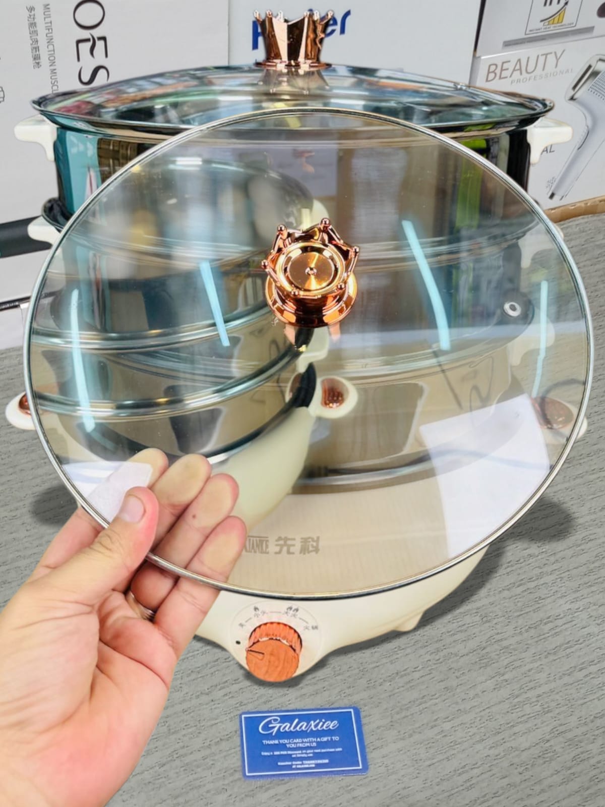 XIANKE 32cm Multi-Functional Electric Cooking Pot – 3-Tier Food Steamer with Crown Lid & Adjustable Heat