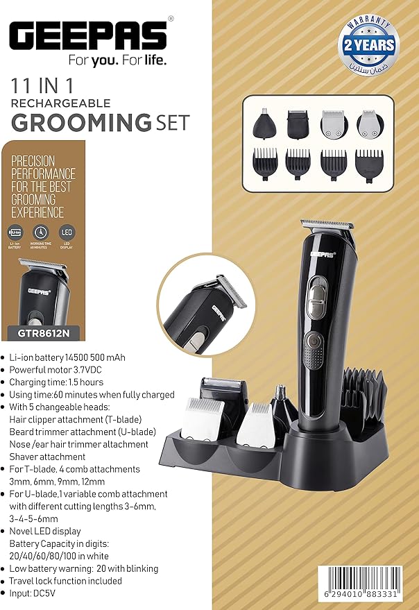 Geepas GTR8612 11-in-1 Men’s Shaver & Clipper Kit | Cordless Grooming Set