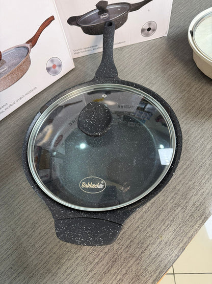 German Lot Bakhshie 28cm Deep Fry Pan with Glass Lid & Wooden Handles | Granite Non-Stick Cookware