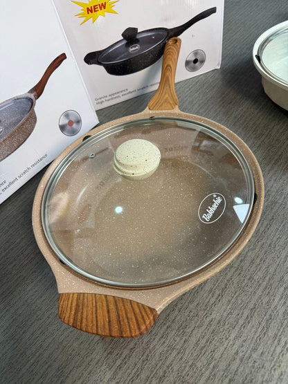 German Lot Bakhshie 28cm Deep Fry Pan with Glass Lid & Wooden Handles | Granite Non-Stick Cookware