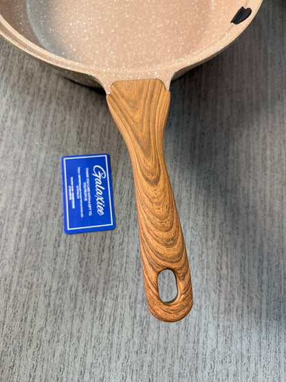 German Lot Bakhshie 28cm Deep Fry Pan with Glass Lid & Wooden Handles | Granite Non-Stick Cookware