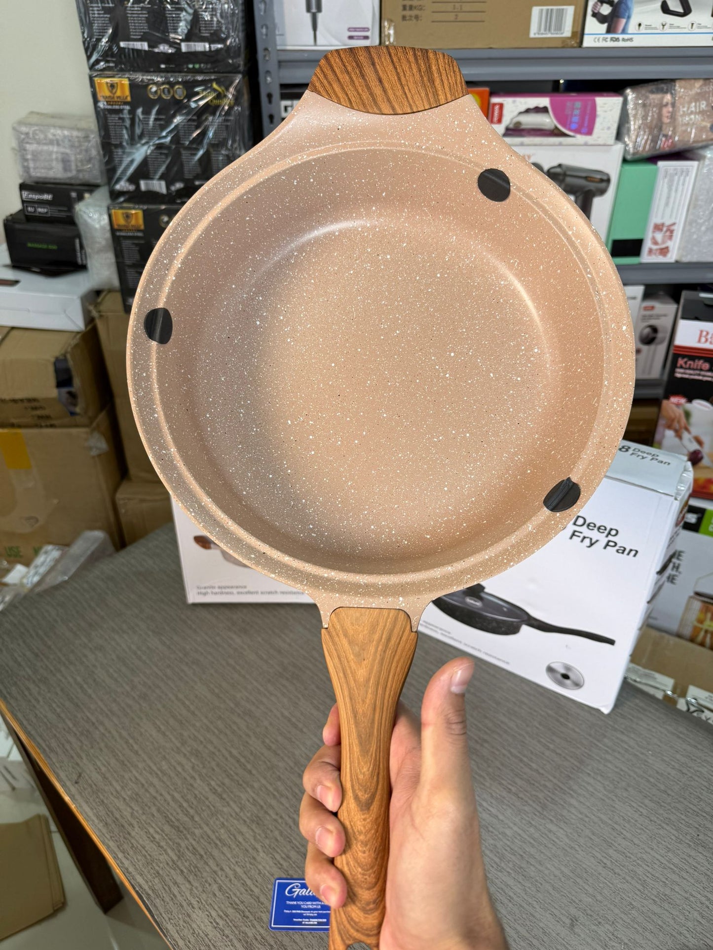 German Lot Bakhshie 28cm Deep Fry Pan with Glass Lid & Wooden Handles | Granite Non-Stick Cookware