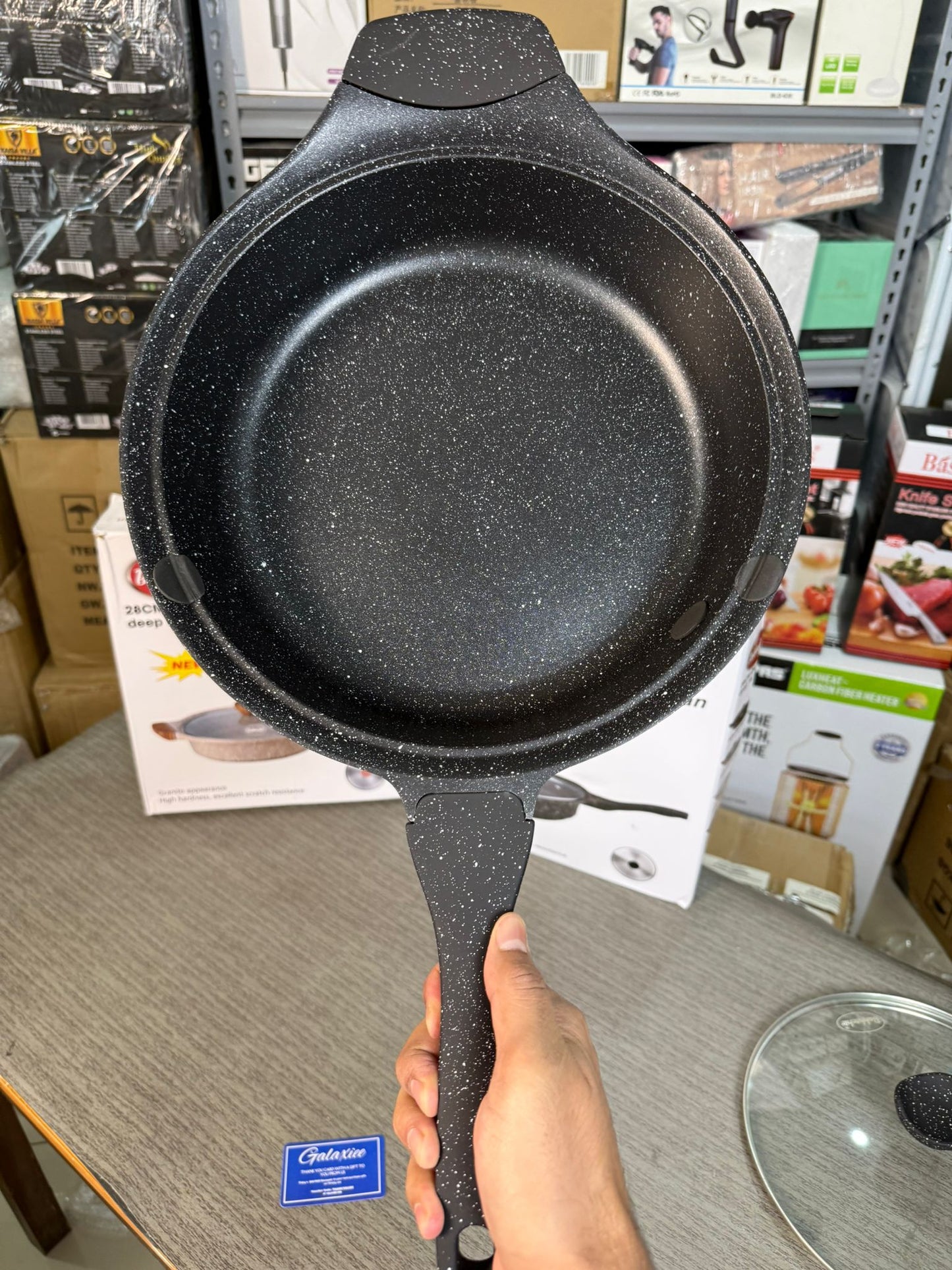 German Lot Bakhshie 28cm Deep Fry Pan with Glass Lid & Wooden Handles | Granite Non-Stick Cookware