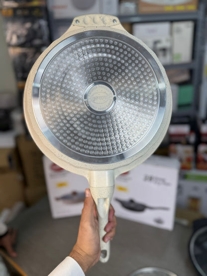 German Lot Bakhshie 28cm Deep Fry Pan with Glass Lid & Wooden Handles | Granite Non-Stick Cookware