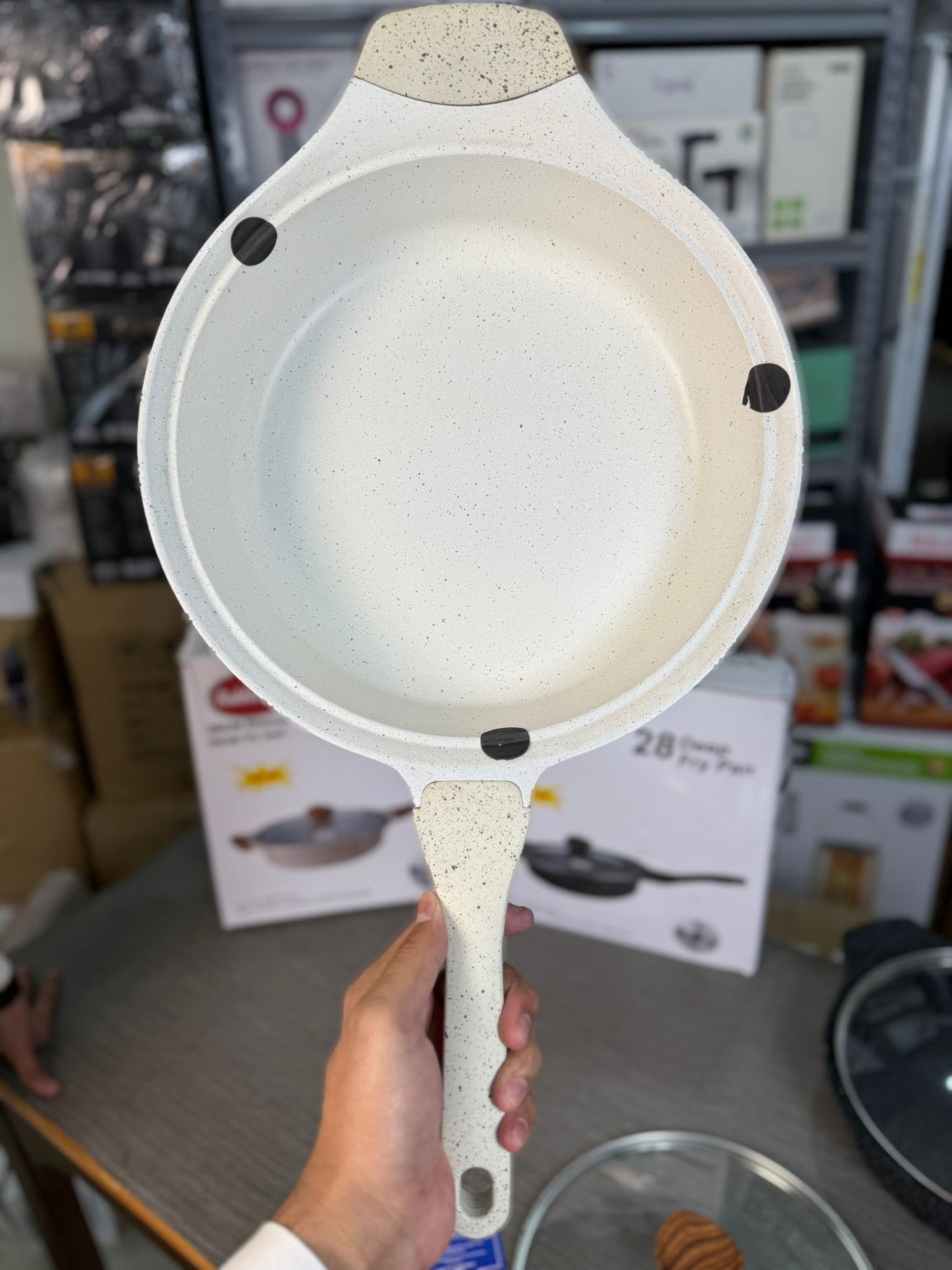 German Lot Bakhshie 28cm Deep Fry Pan with Glass Lid & Wooden Handles | Granite Non-Stick Cookware