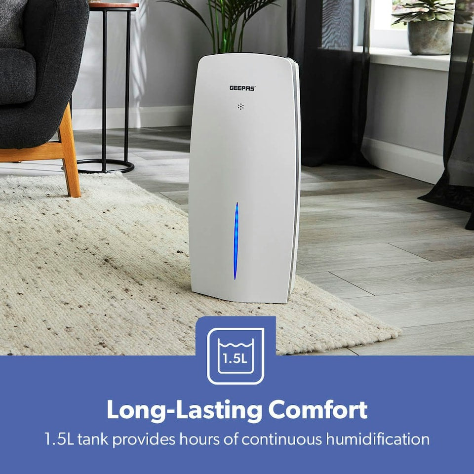 Geepas Ultrasonic Humidifier – 2.6L Cool Mist Air Purifier | 360° Nozzle & Touch Control - Buy Online Pakistan | Galaxiee.com