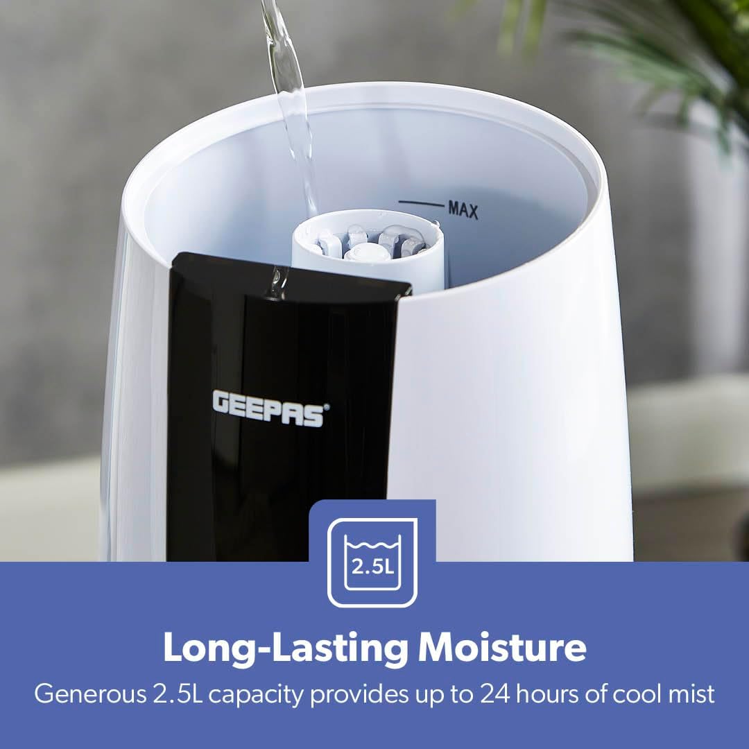 Geepas Ultrasonic Humidifier – 2.6L Cool Mist Air Purifier | 360° Nozzle & Touch Control - Buy Online Pakistan | Galaxiee.com
