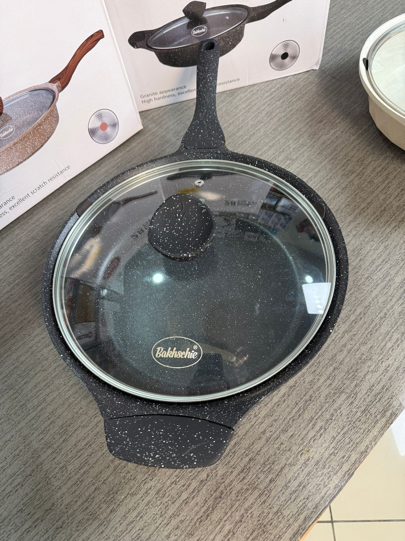 German Lot Bakhshie 28cm Deep Fry Pan with Glass Lid & Wooden Handles | Granite Non-Stic - Buy Online Pakistan | Galaxiee.com