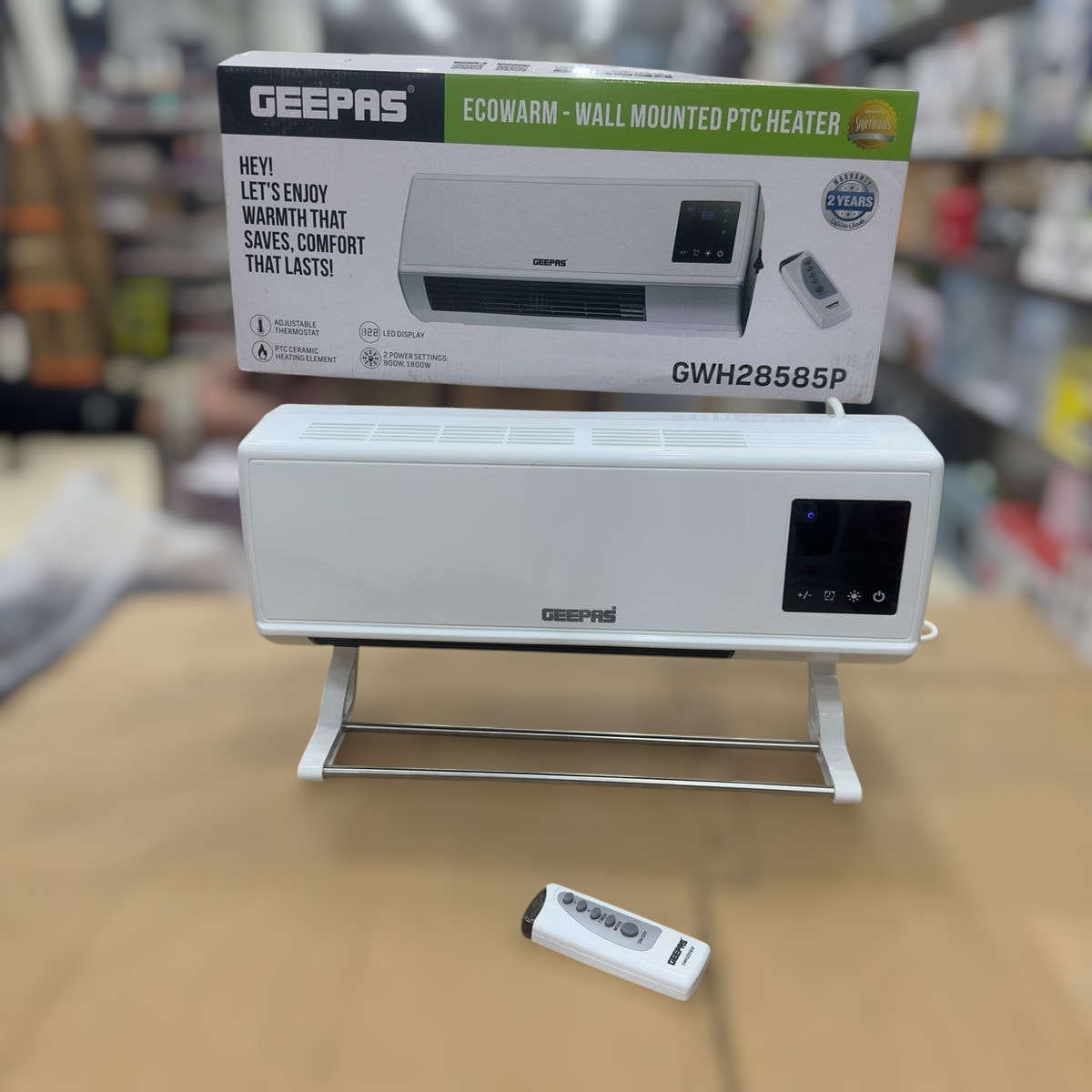 Geepas EcoWarm Wall-Mounted PTC Heater – 28585 | 1800W Ceramic Heater with Remote & LED Display