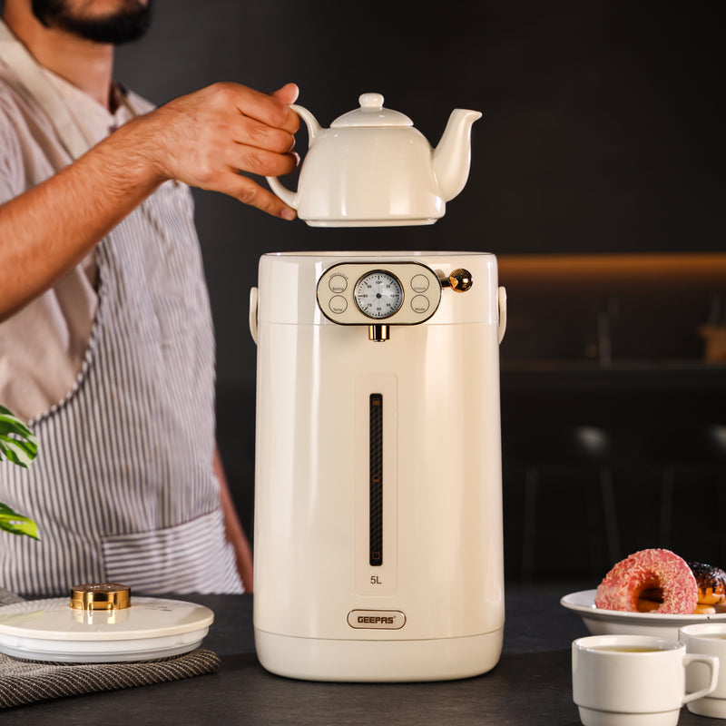 Geepas 5-Liter Electric Thermo Pot – GEV27026 | 304 Stainless Steel Hot Water Boiler with 8 Temperature Settings