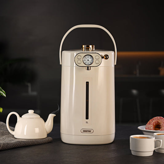 Geepas 5-Liter Electric Thermo Pot – GEV27026 | 304 Stainless Steel Hot Water Boiler with 8 Temperature Settings